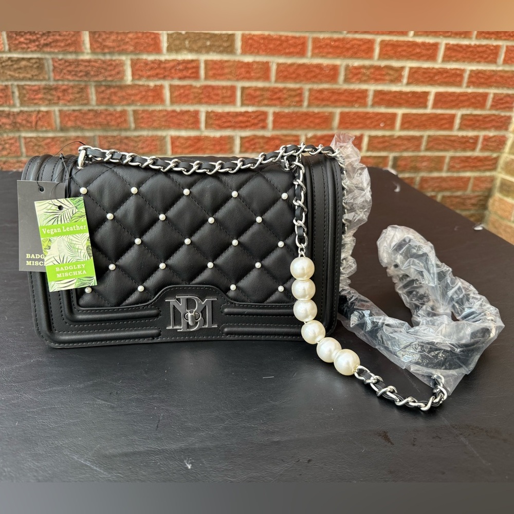 Badgley Mischka Black Quilted Pearl Crossbody or Shoulder Bag NWT Vegan Leather